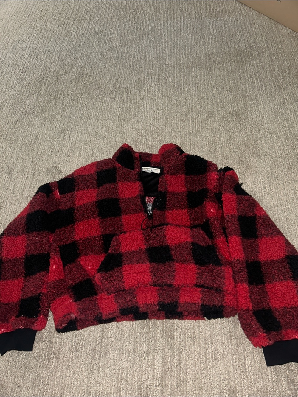 Cozy Red & Black Plaid Sherpa Pullover Jacket